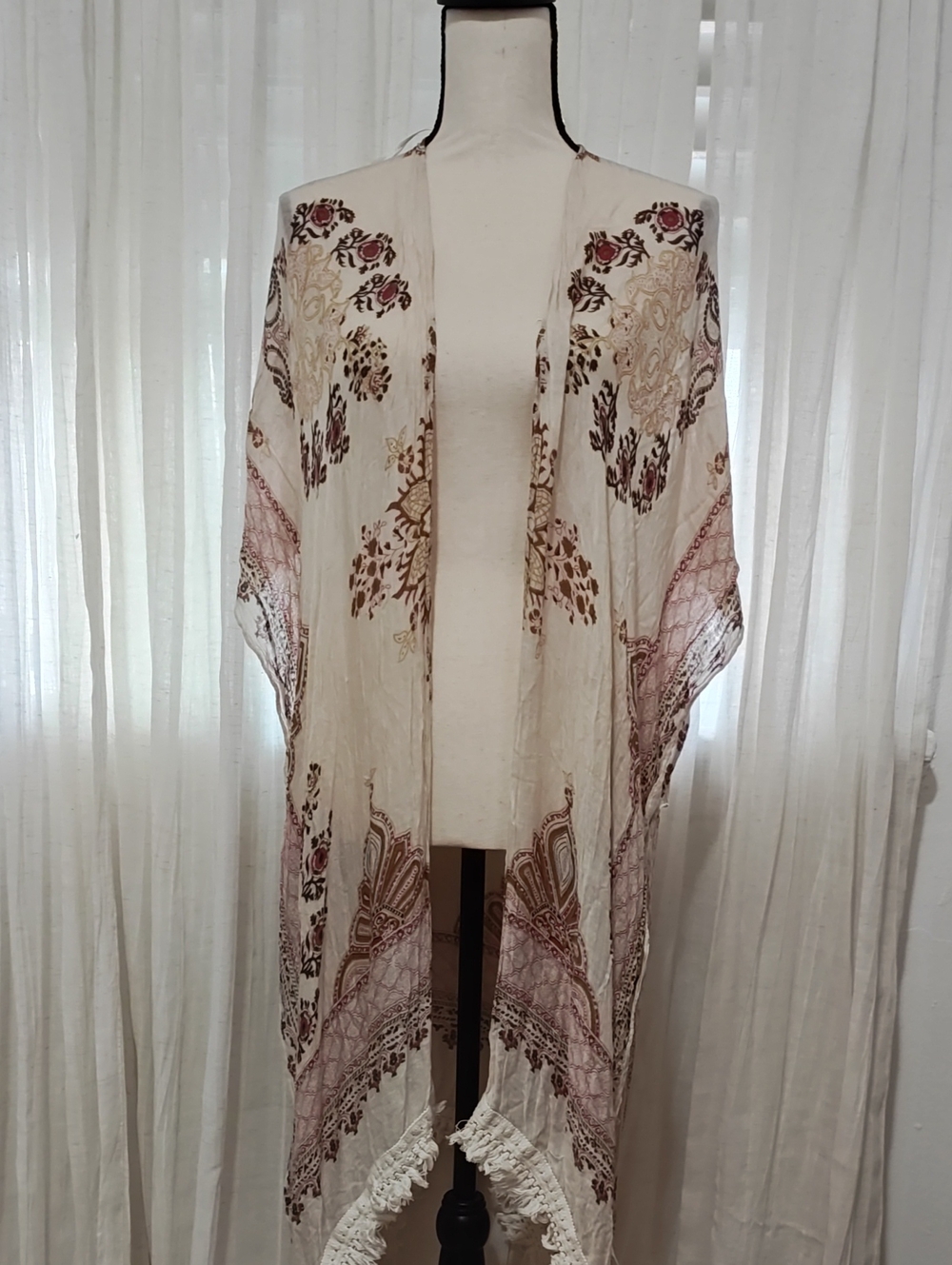 Boho Floral Lace-Trim Kimono - Cream & Dusty Rose